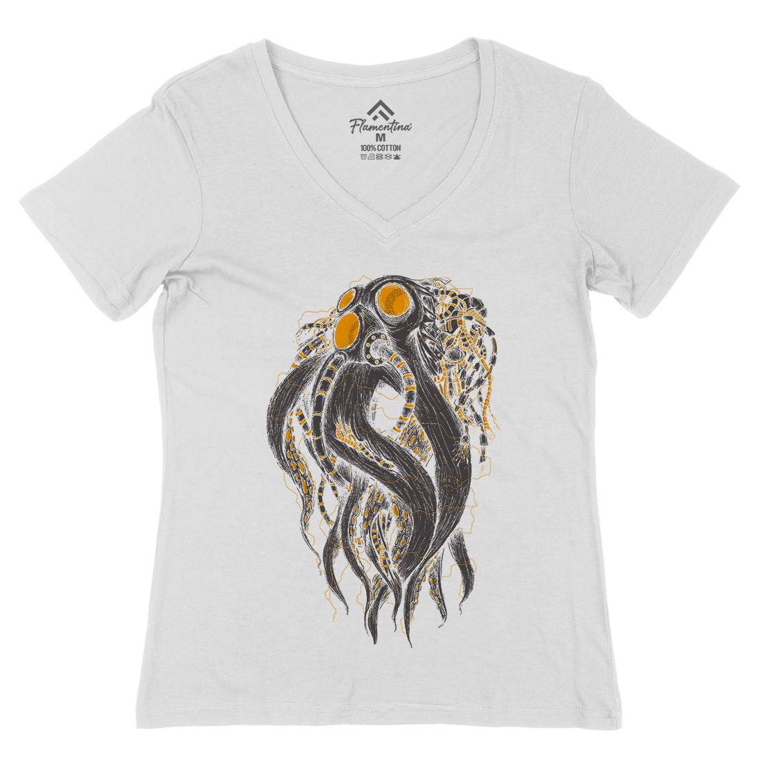 Octopus Robot Womens Organic V-Neck T-Shirt Navy D062