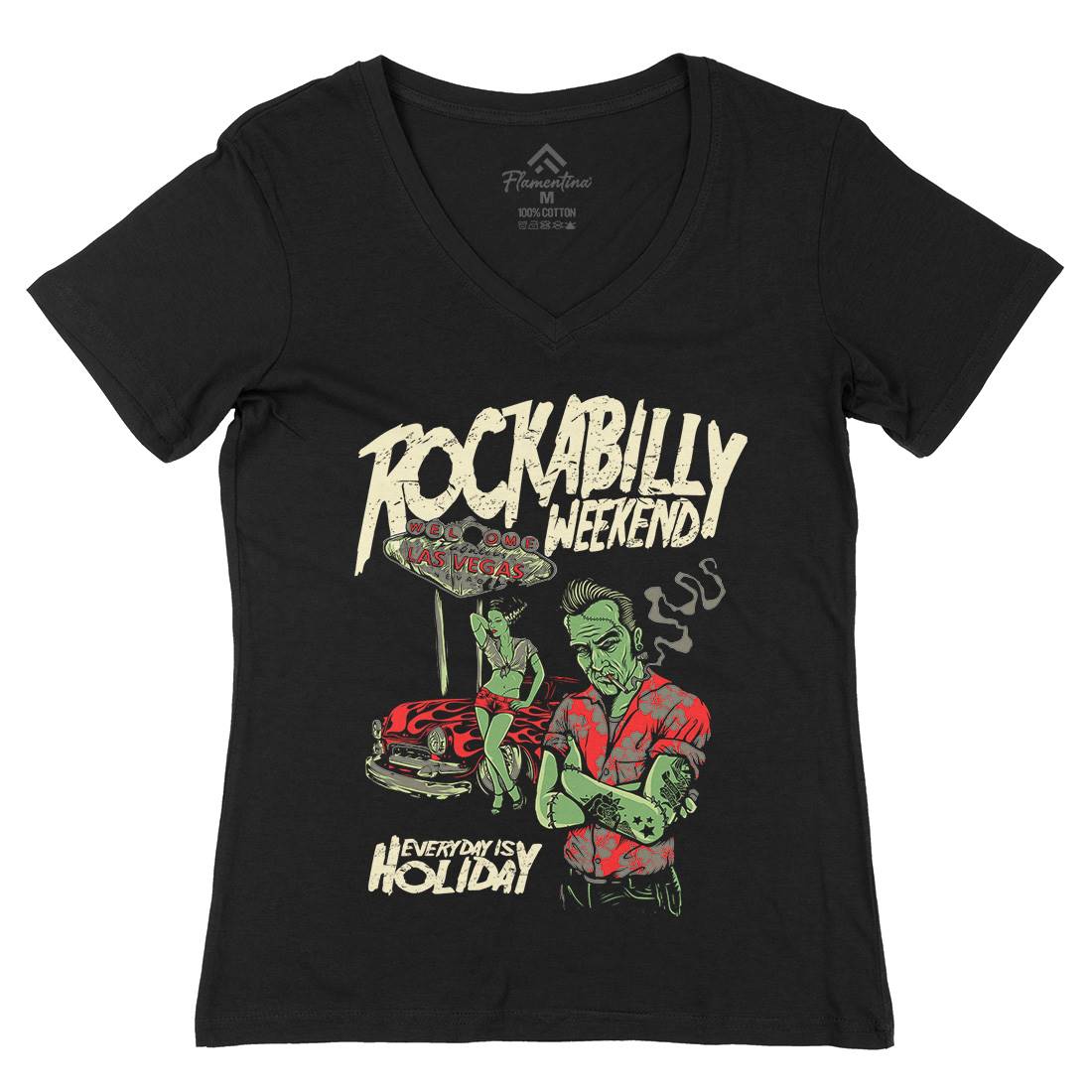 Rockabilly Womens Organic V-Neck T-Shirt Music D072