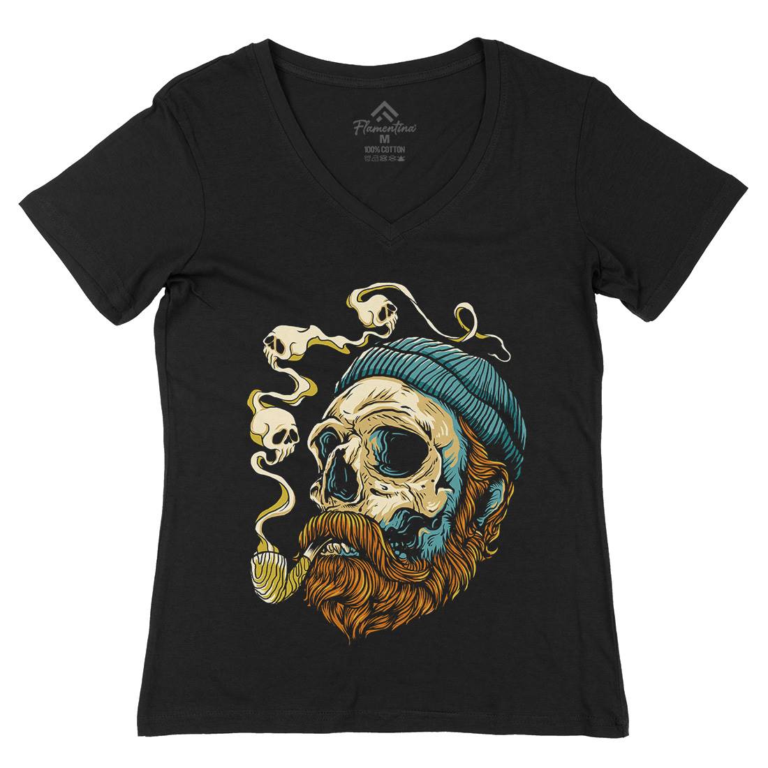Sailor Skull Womens Organic V-Neck T-Shirt Navy D074