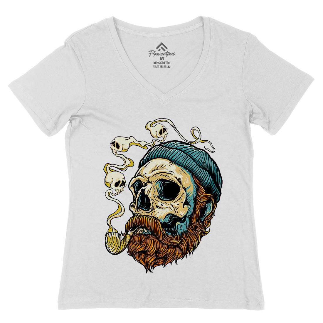 Sailor Skull Womens Organic V-Neck T-Shirt Navy D074