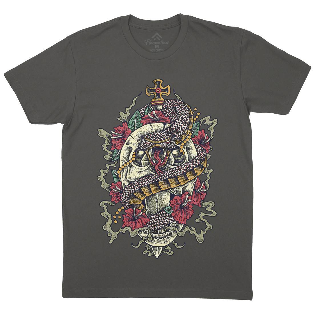 Skull Snake Mens Organic Crew Neck T-Shirt Religion D075