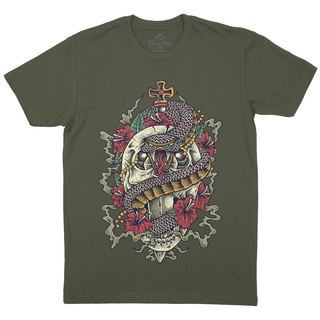 Skull Snake Mens Crew Neck T-Shirt Religion D075