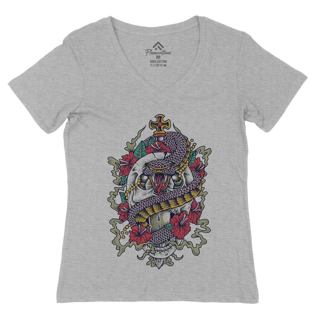 Skull Snake Womens Organic V-Neck T-Shirt Religion D075