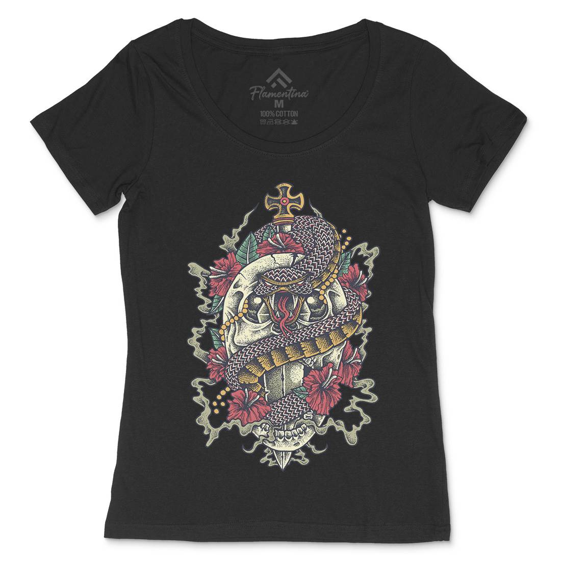 Skull Snake Womens Scoop Neck T-Shirt Religion D075