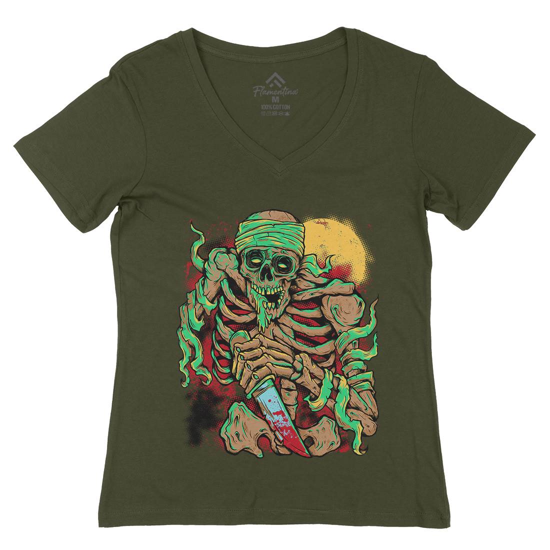 Skeleton Knife Womens Organic V-Neck T-Shirt Horror D081