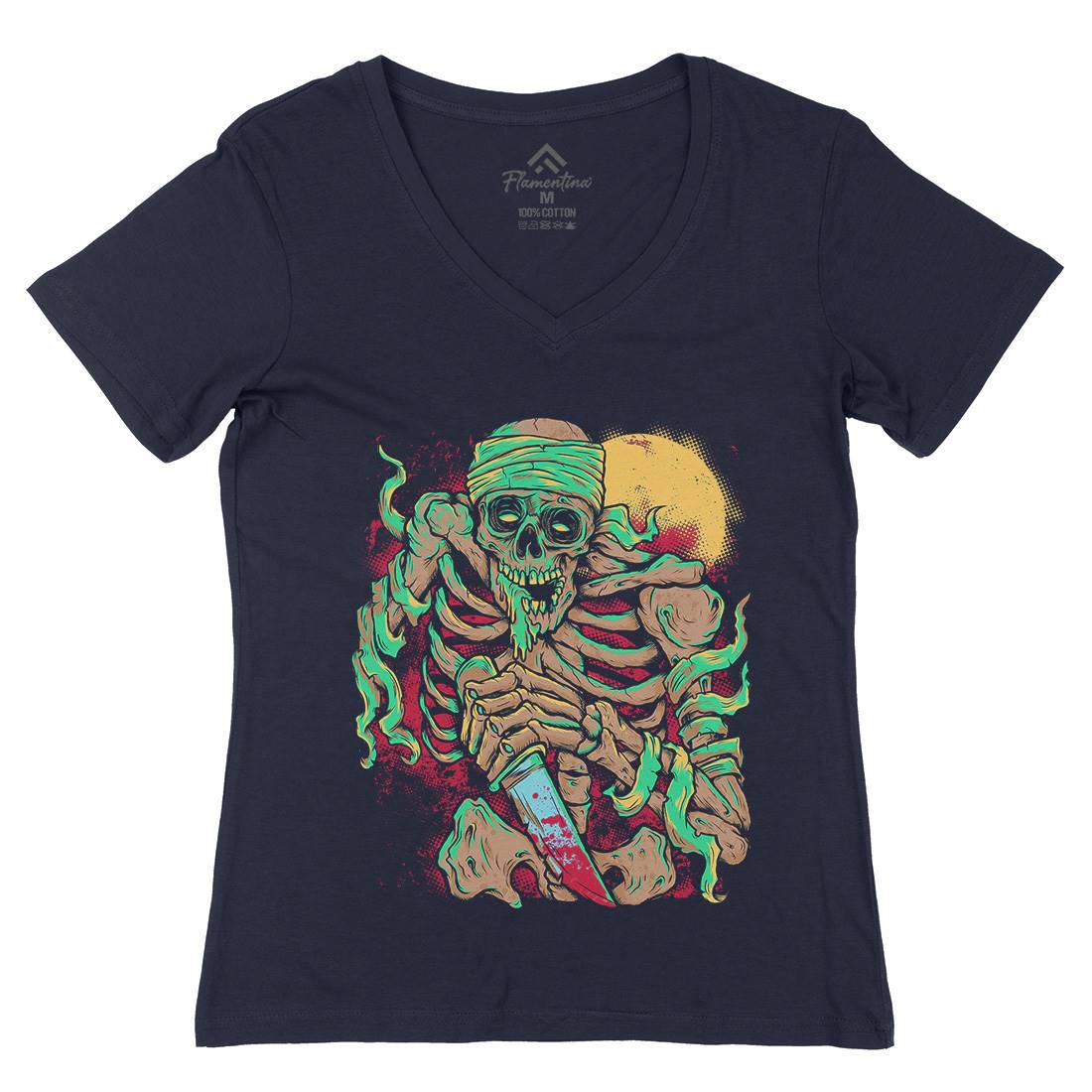 Skeleton Knife Womens Organic V-Neck T-Shirt Horror D081