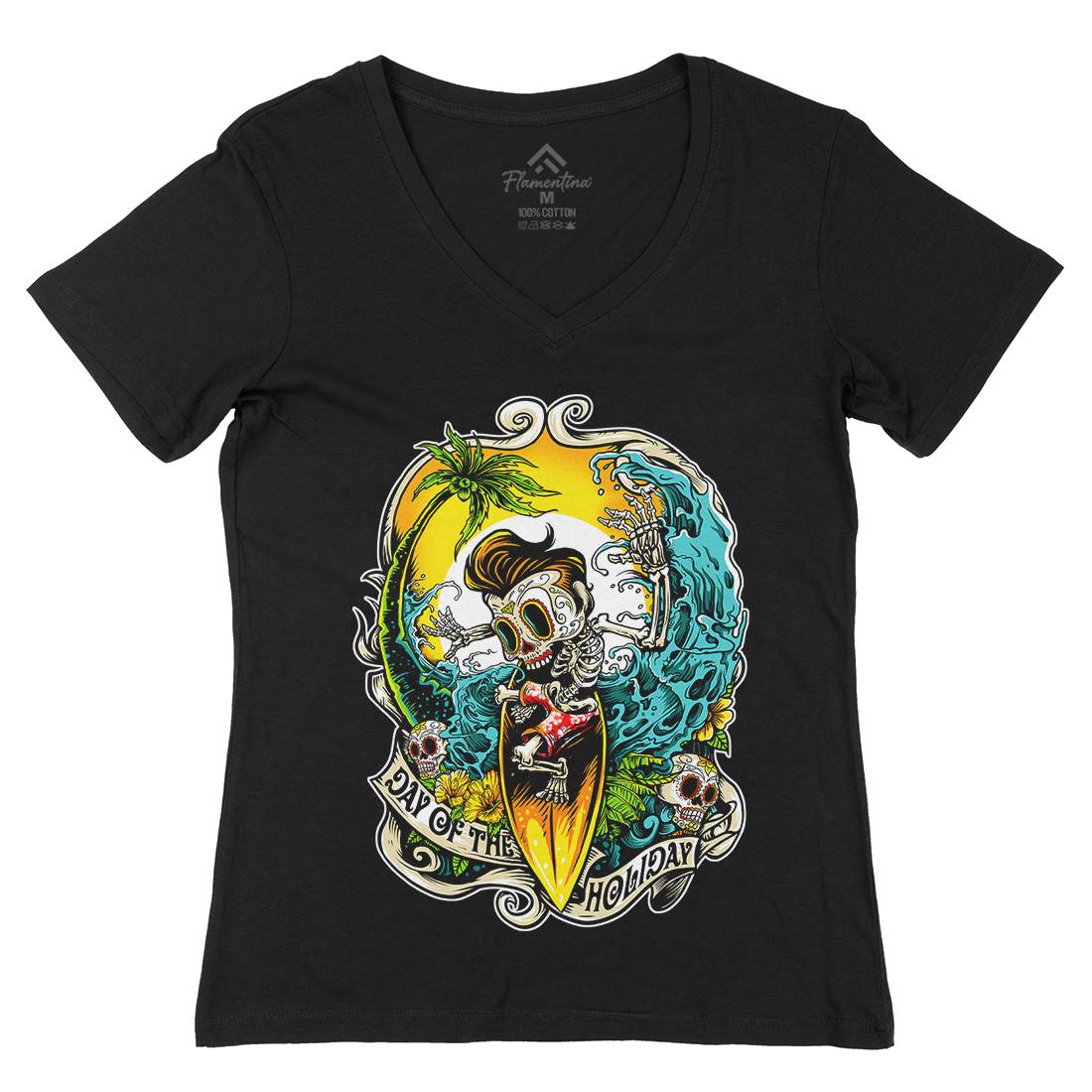 Skull Womens Organic V-Neck T-Shirt Holiday D083