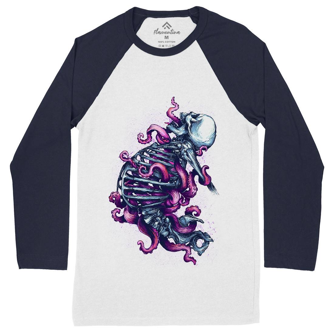 Skeleton Octopus Mens Long Sleeve Baseball T-Shirt Horror D090