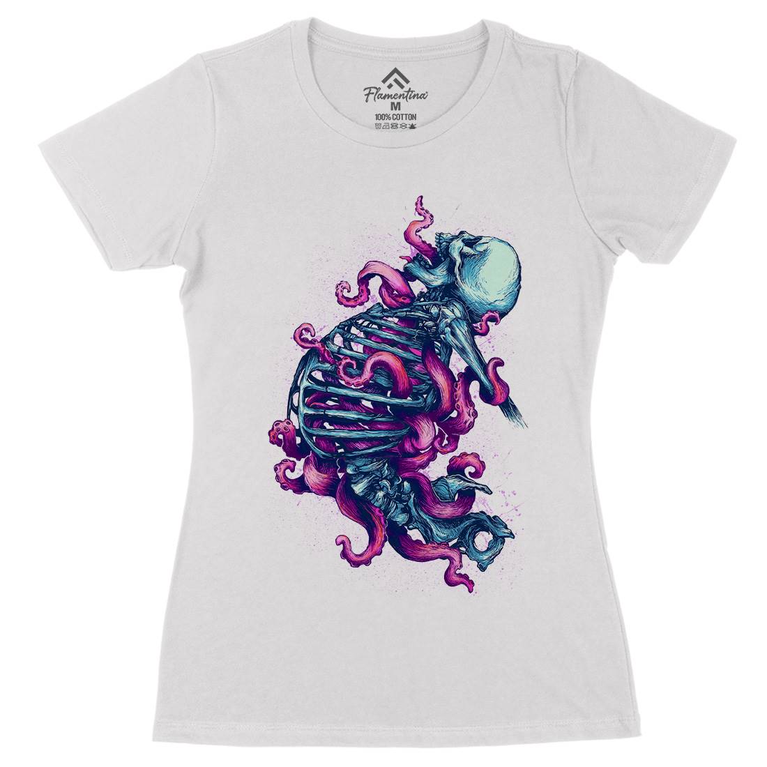 Skeleton Octopus Womens Organic Crew Neck T-Shirt Horror D090