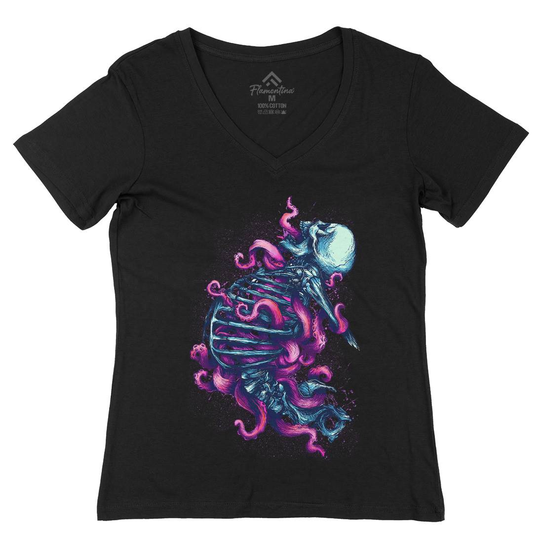 Skeleton Octopus Womens Organic V-Neck T-Shirt Horror D090