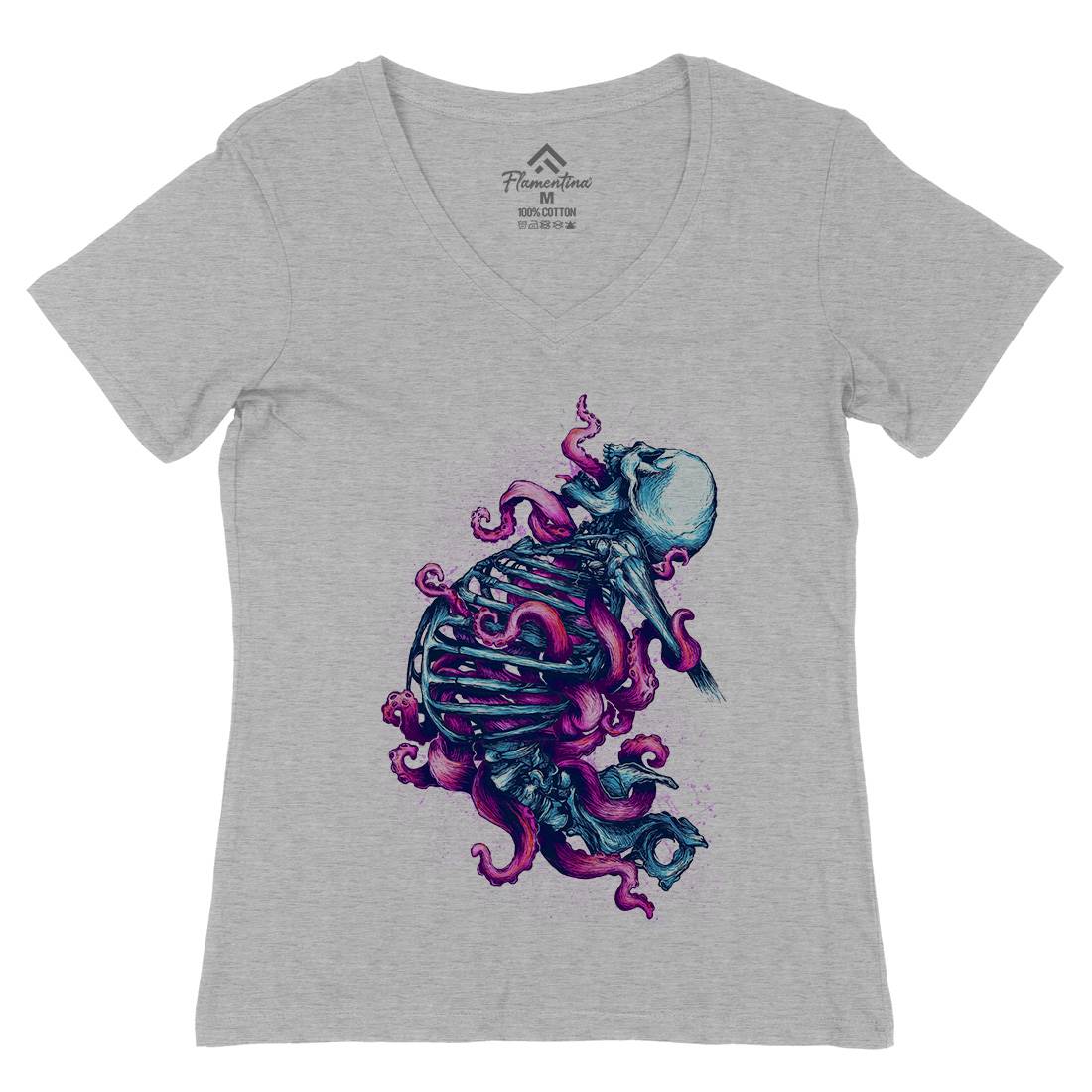 Skeleton Octopus Womens Organic V-Neck T-Shirt Horror D090