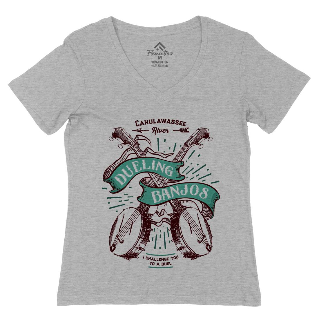 Dueling Banjos Womens Organic V-Neck T-Shirt Horror D116