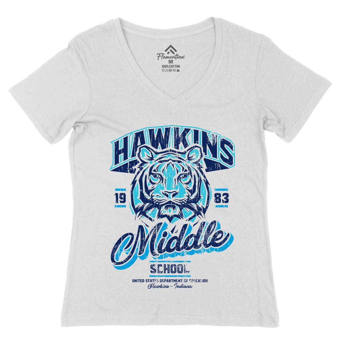 Hawkins School Womens Organic V-Neck T-Shirt Horror D144