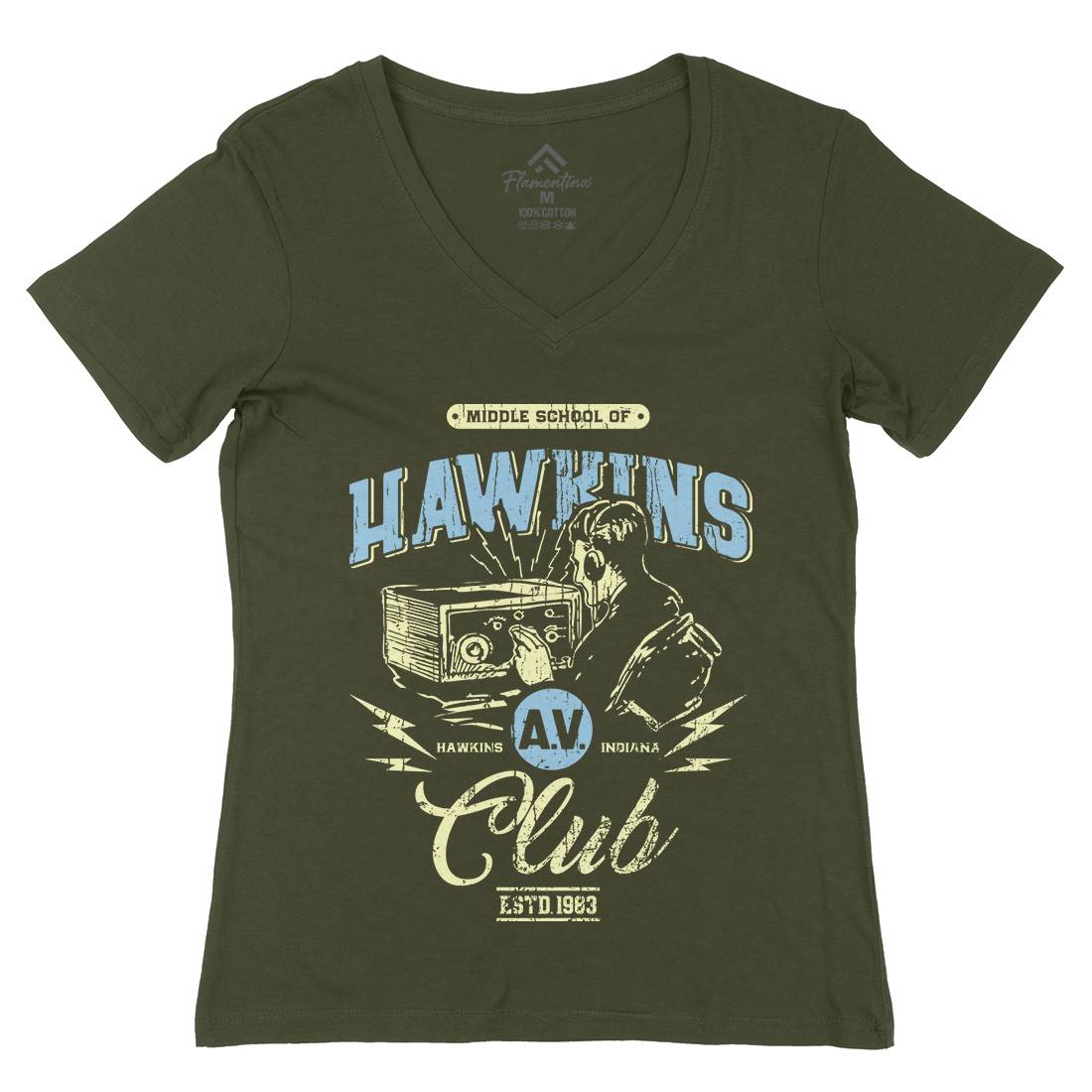 Hawkins Av Club Womens Organic V-Neck T-Shirt Horror D147