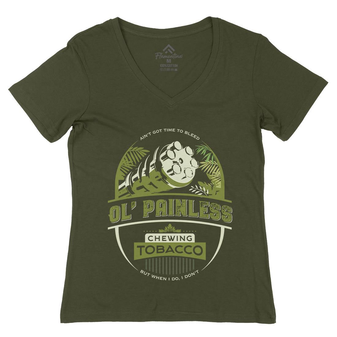 Chewing Ol Painless Womens Organic V-Neck T-Shirt Army D207