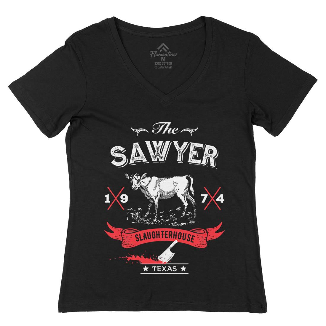 Sawyer Slaughterhouse Womens Organic V-Neck T-Shirt Horror D208