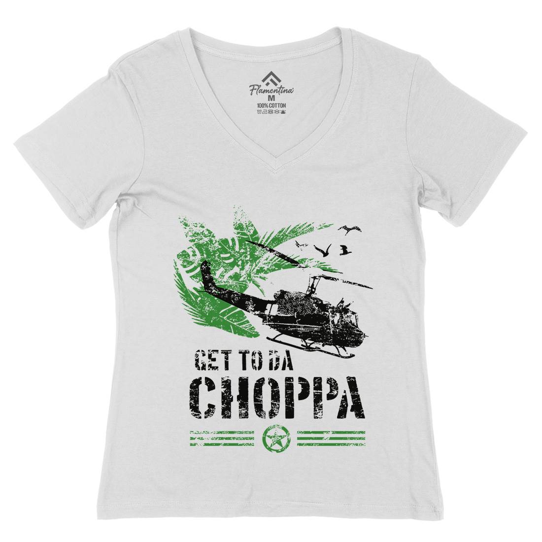 Get To The Chopper Womens Organic V-Neck T-Shirt Army D235