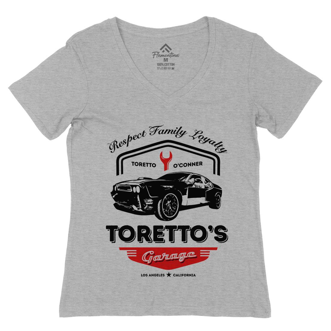 Torettos Garage Womens Organic V-Neck T-Shirt Cars D240