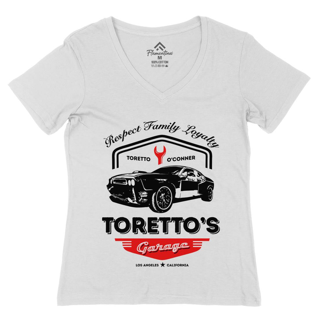 Torettos Garage Womens Organic V-Neck T-Shirt Cars D240