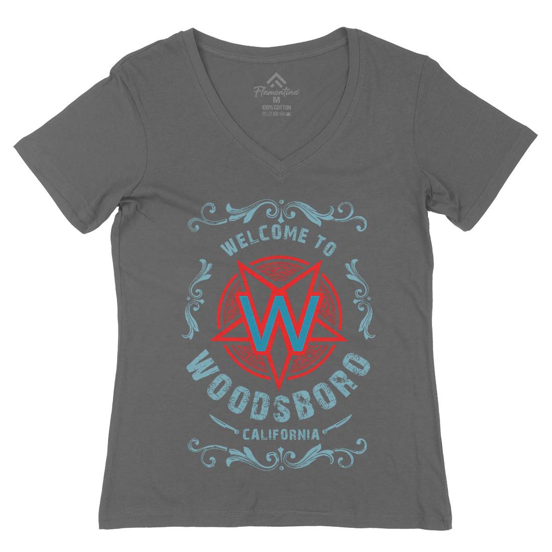 Woodsboro Womens Organic V-Neck T-Shirt Horror D292