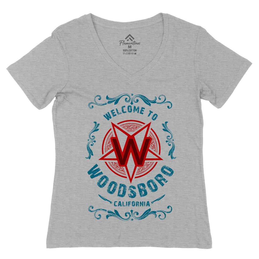 Woodsboro Womens Organic V-Neck T-Shirt Horror D292