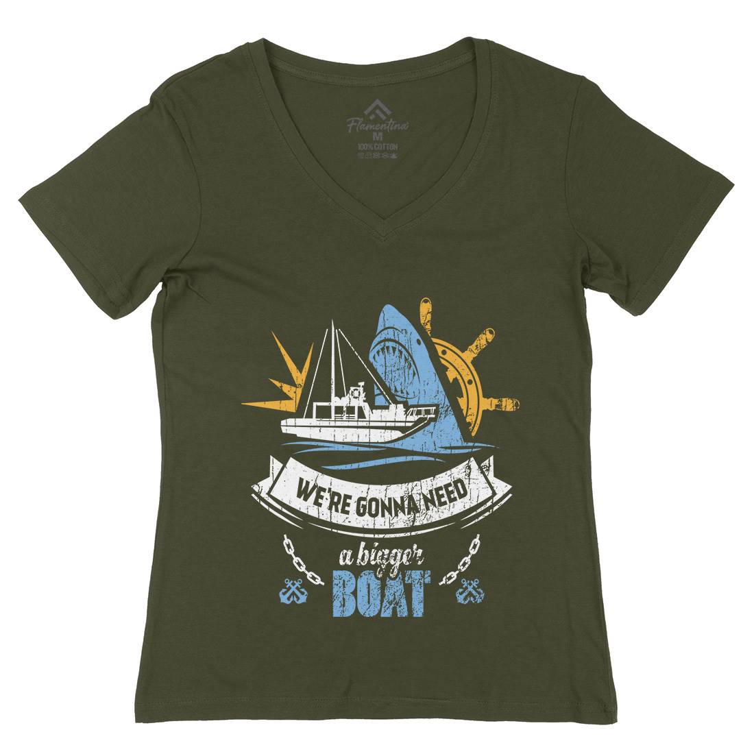 Bigger Boat Womens Organic V-Neck T-Shirt Navy D307