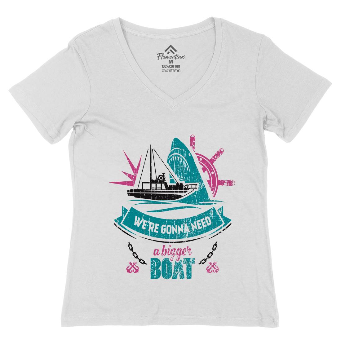 Bigger Boat Womens Organic V-Neck T-Shirt Navy D307