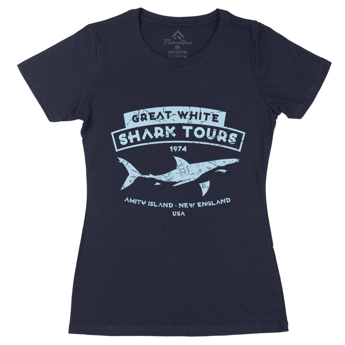 Great White Shark Tours Womens Organic Crew Neck T-Shirt Navy D348