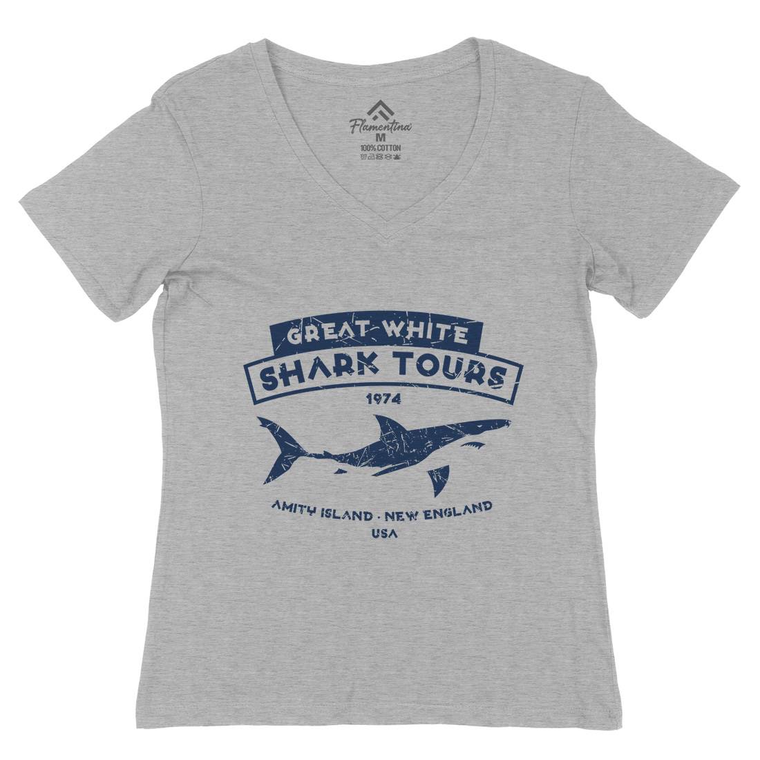 Great White Shark Tours Womens Organic V-Neck T-Shirt Navy D348