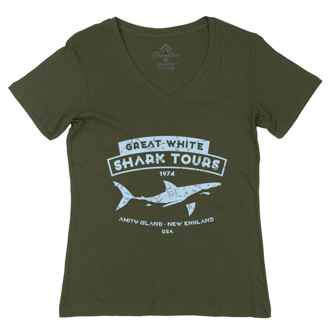 Great White Shark Tours Womens Organic V-Neck T-Shirt Navy D348