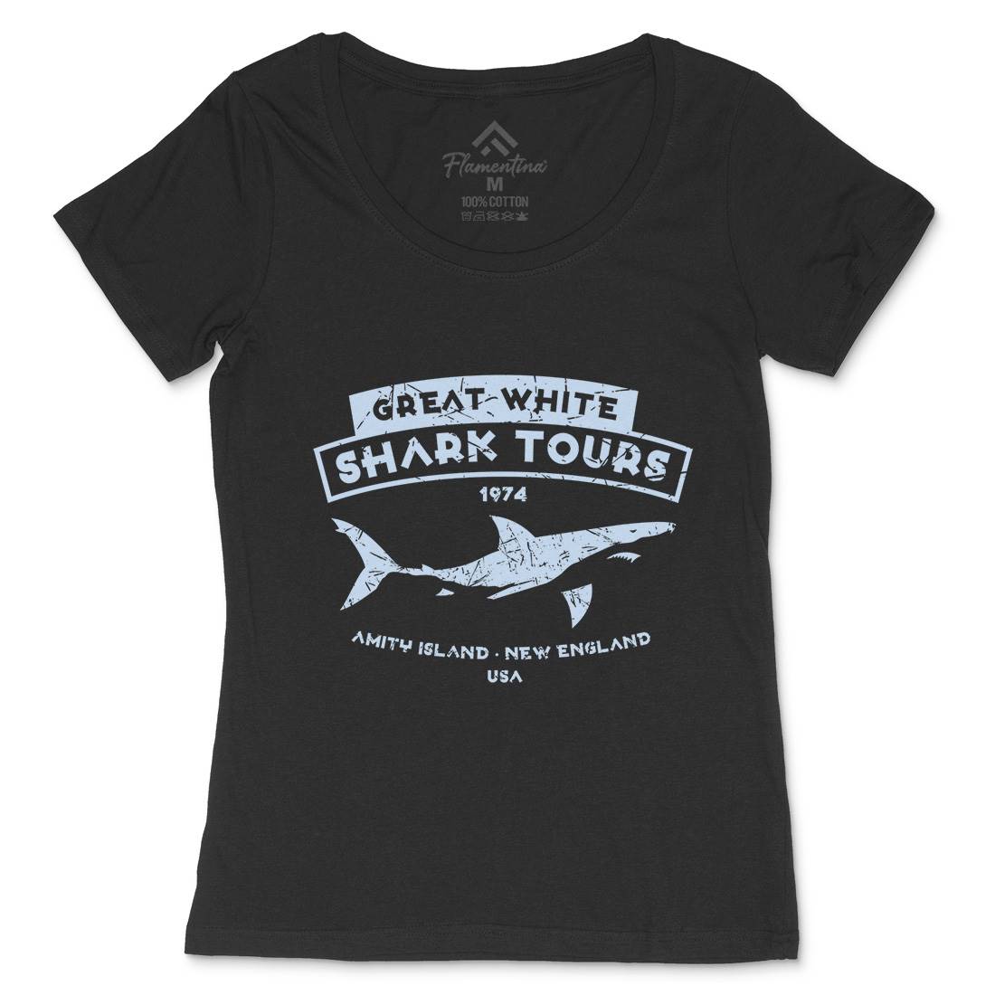 Great White Shark Tours Womens Scoop Neck T-Shirt Navy D348