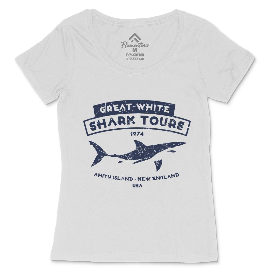 Great White Shark Tours Womens Scoop Neck T-Shirt Navy D348