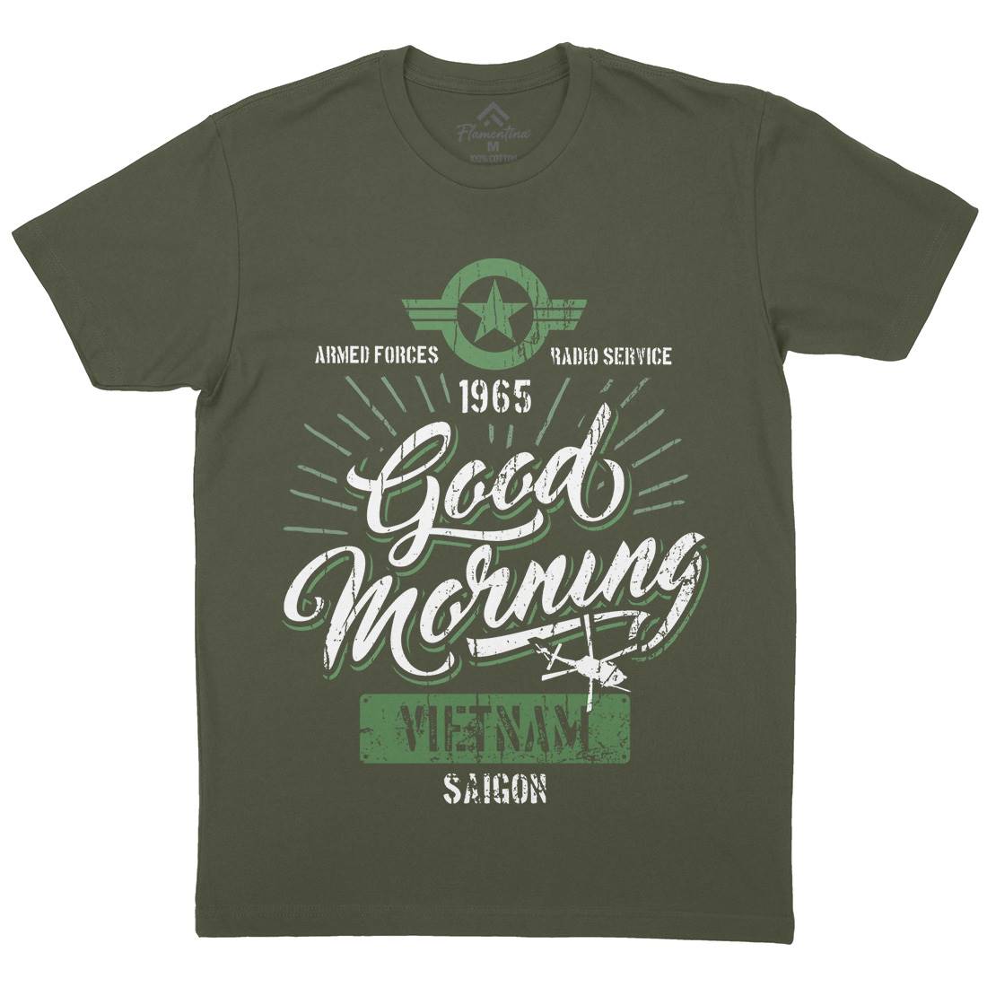 Good Morning Vietnam Mens Organic Crew Neck T-Shirt Army D356