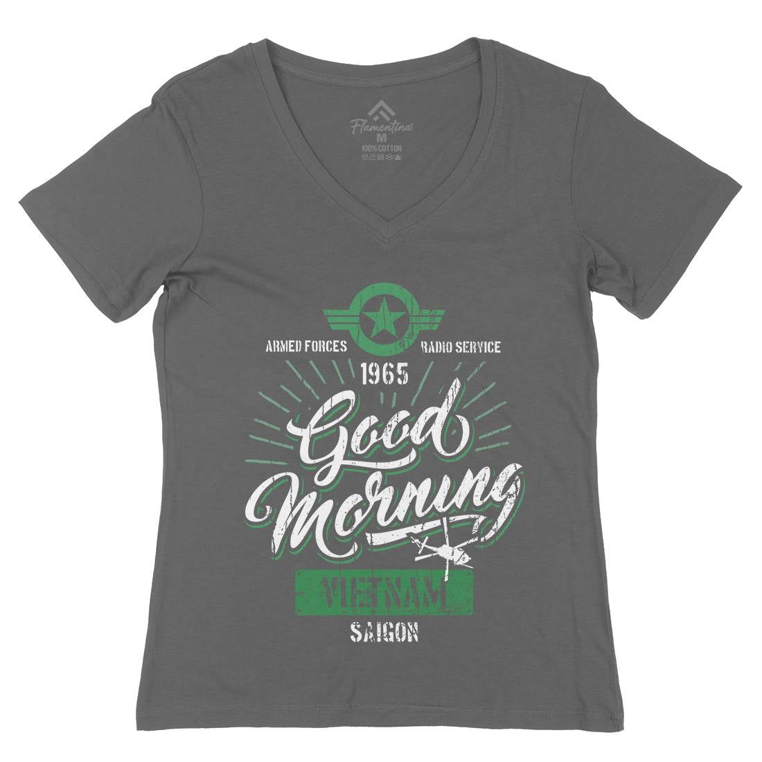 Good Morning Vietnam Womens Organic V-Neck T-Shirt Army D356