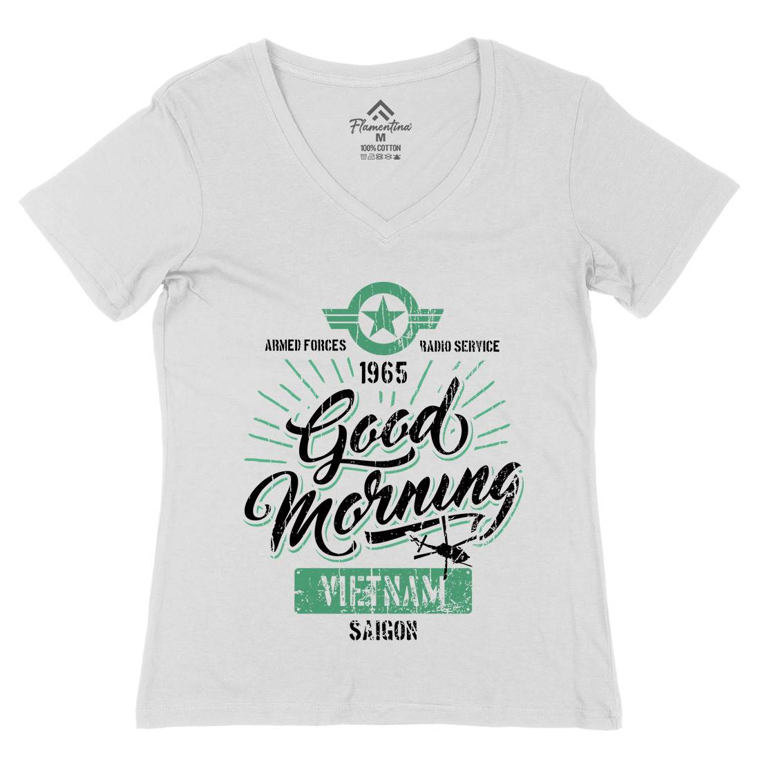 Good Morning Vietnam Womens Organic V-Neck T-Shirt Army D356
