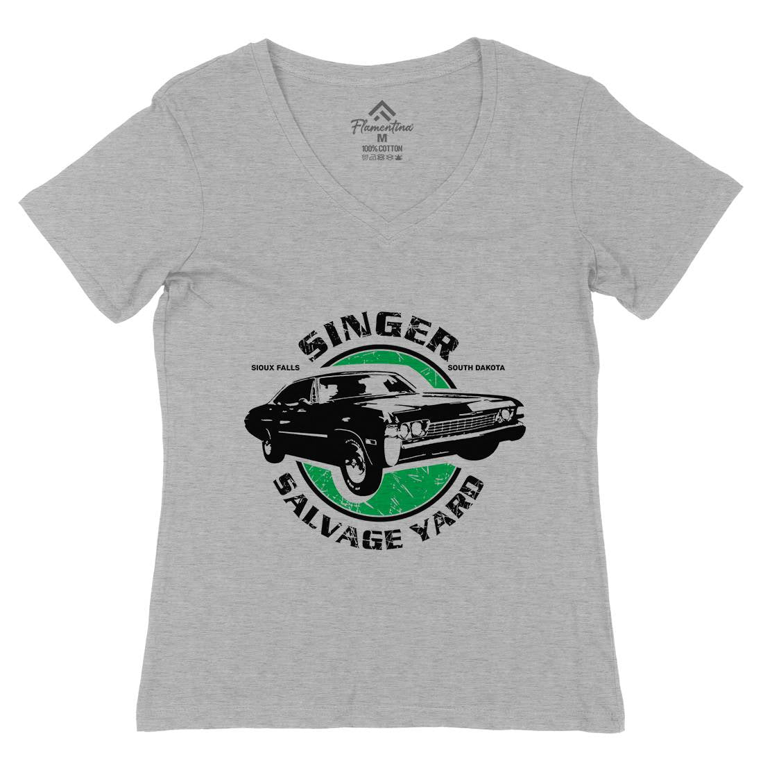 Singer Salvage Yard Womens Organic V-Neck T-Shirt Cars D377