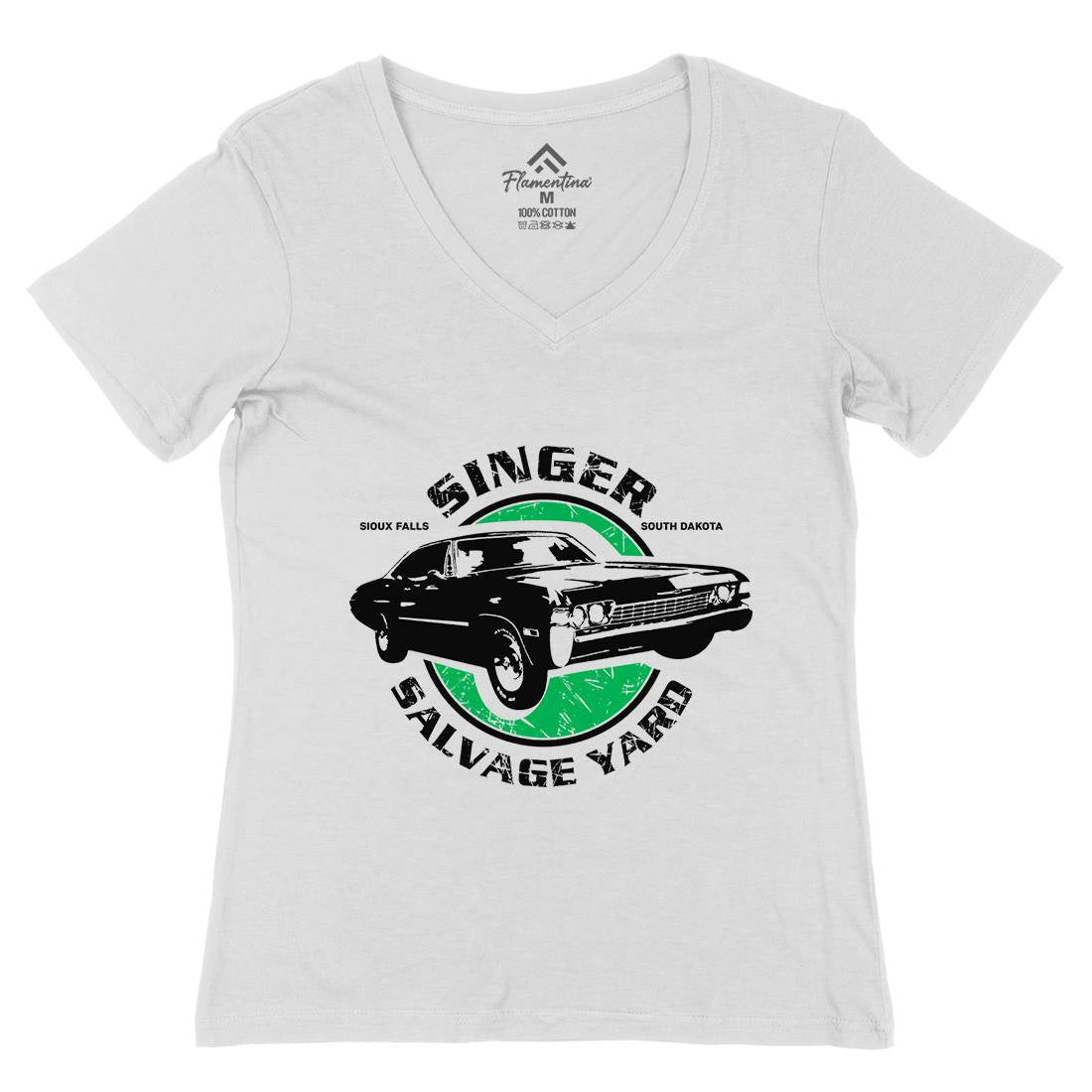 Singer Salvage Yard Womens Organic V-Neck T-Shirt Cars D377