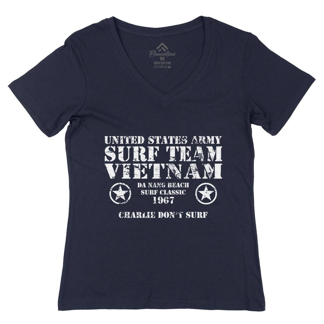 Surf Team Vietnam Womens Organic V-Neck T-Shirt Army D438