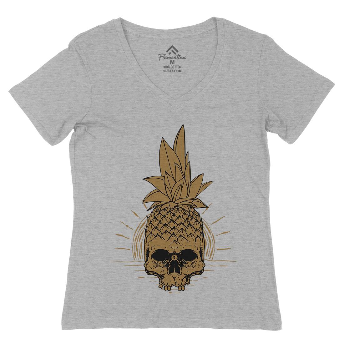 Pineapple Skull Womens Organic V-Neck T-Shirt Holiday D480