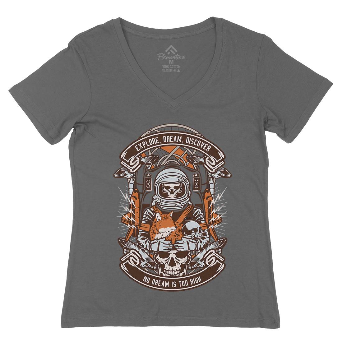 Astronaut Skull Womens Organic V-Neck T-Shirt Space D505