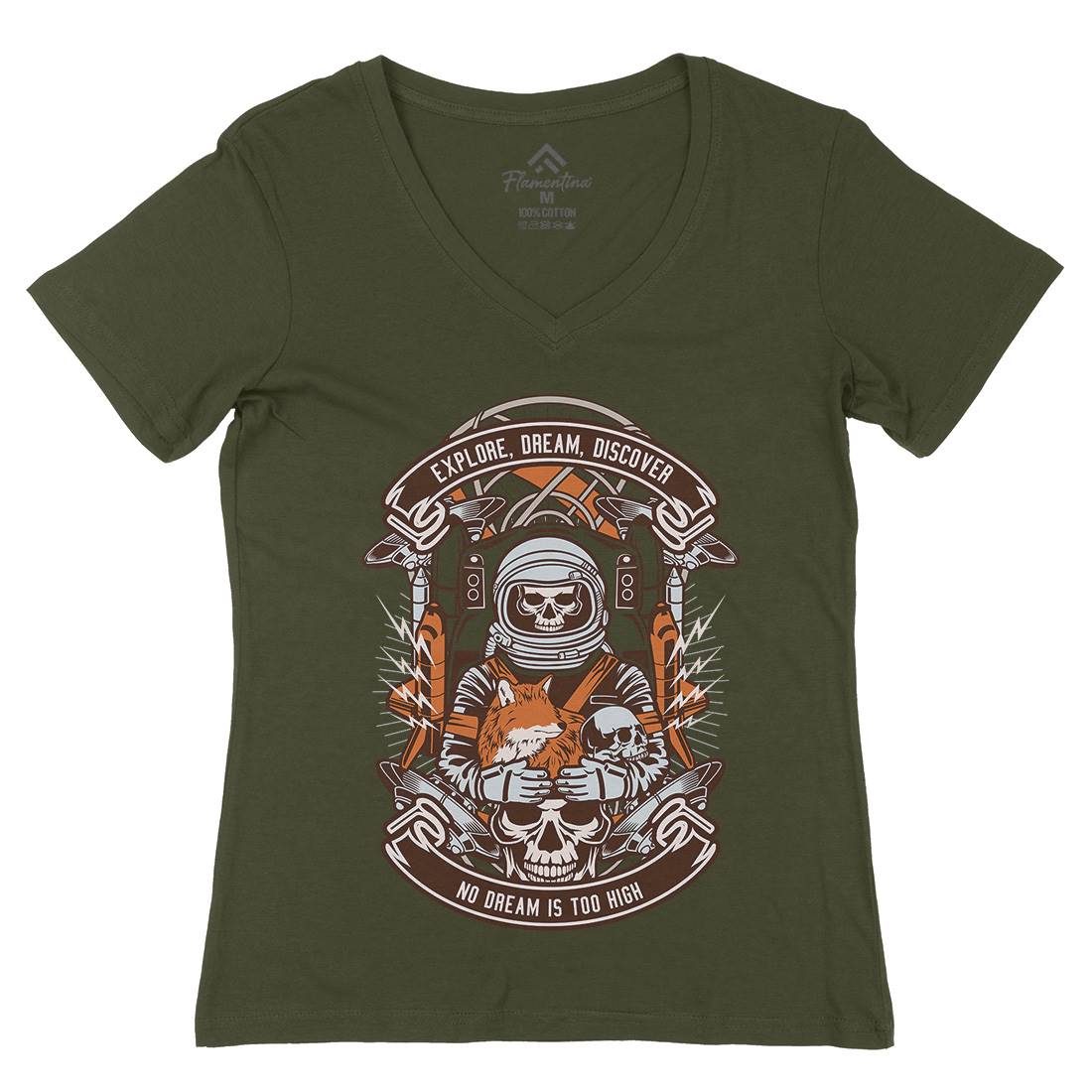 Astronaut Skull Womens Organic V-Neck T-Shirt Space D505