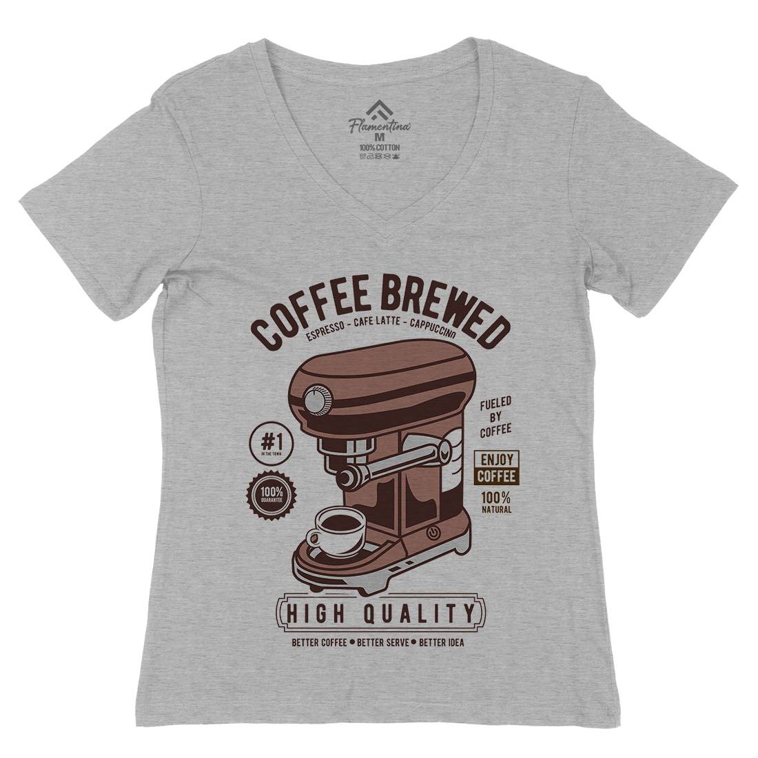 Coffee Brewed Womens Organic V-Neck T-Shirt Drinks D522