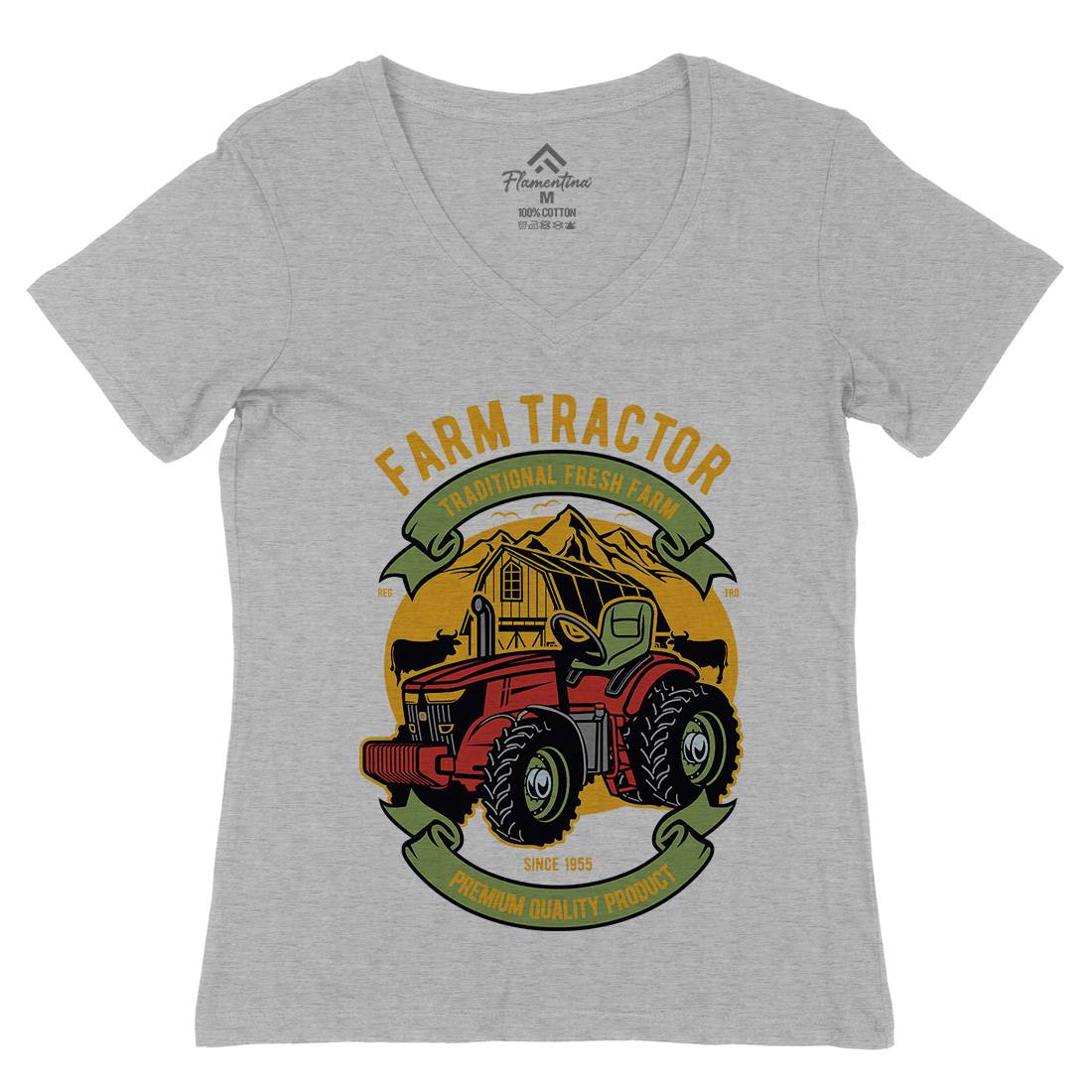 Farm Tractor Womens Organic V-Neck T-Shirt Vehicles D527