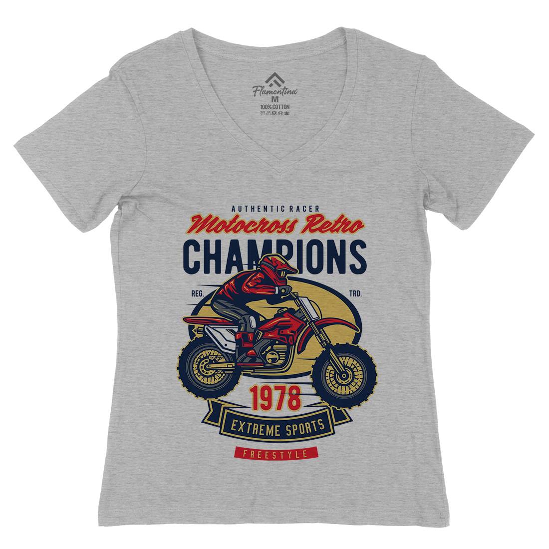 Motocross Retro Champion Womens Organic V-Neck T-Shirt Motorcycles D552