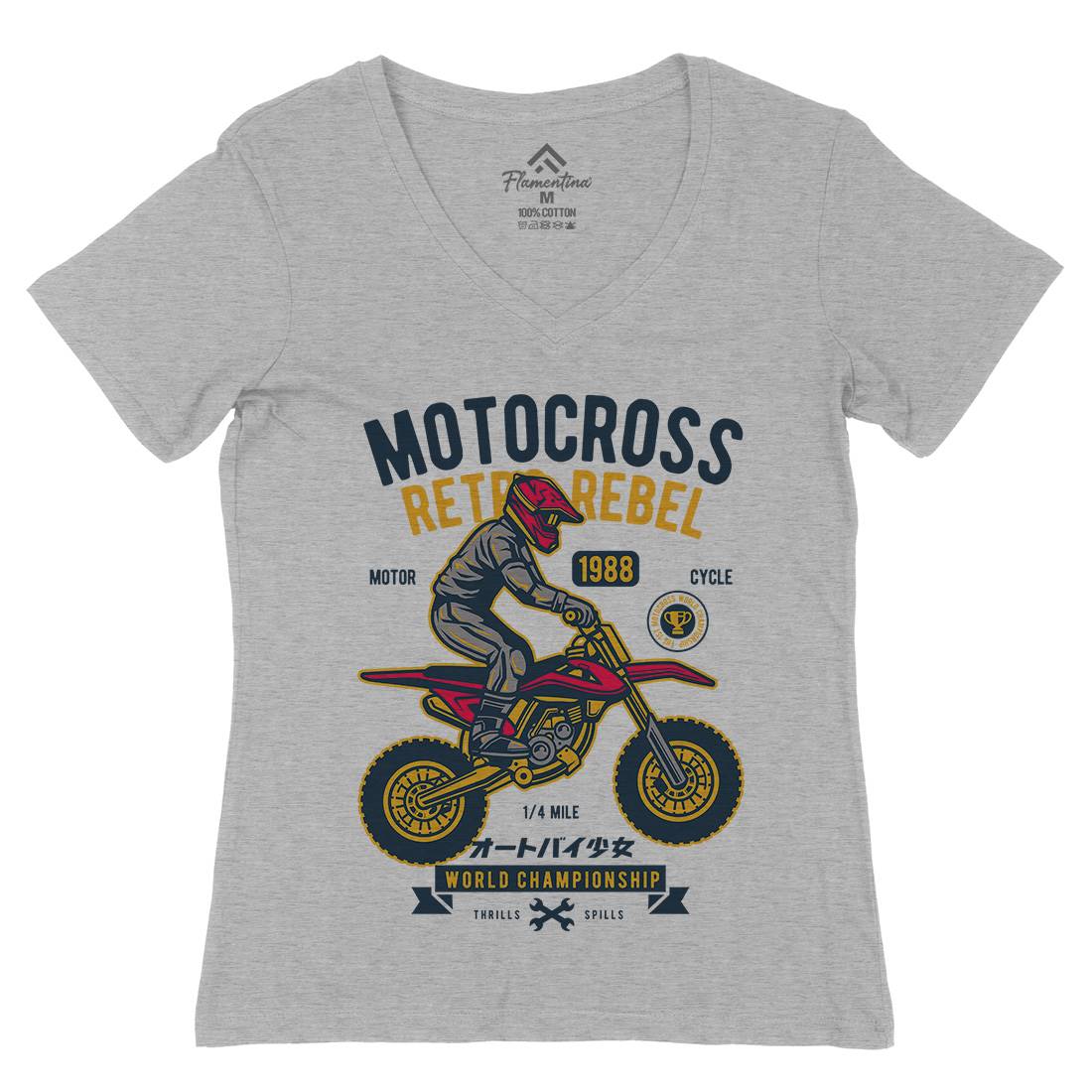 Motocross Retro Rebel Womens Organic V-Neck T-Shirt Motorcycles D553