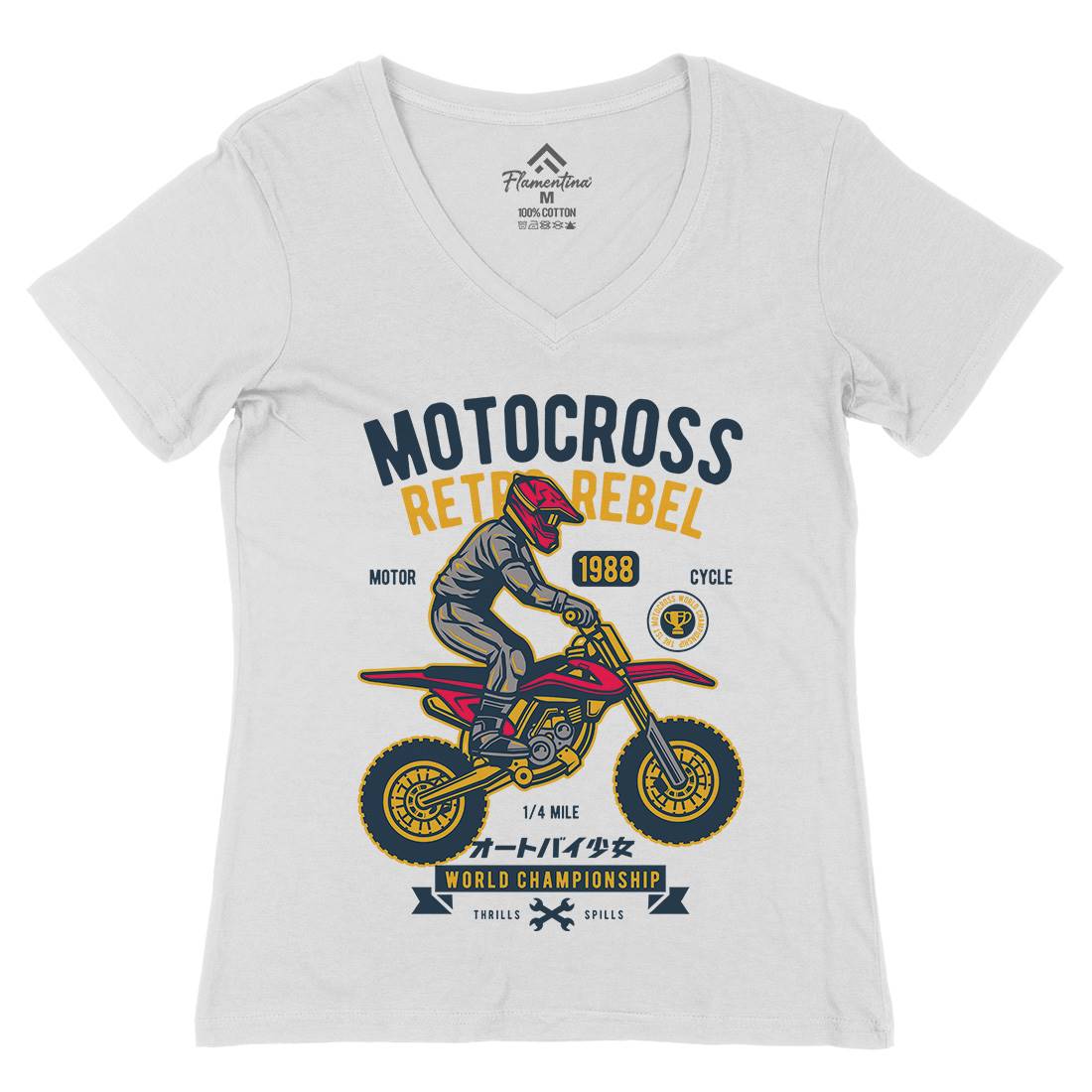 Motocross Retro Rebel Womens Organic V-Neck T-Shirt Motorcycles D553