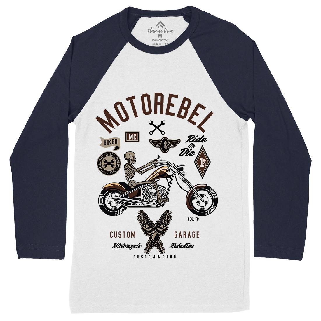 Motorebel Skull Mens Long Sleeve Baseball T-Shirt Motorcycles D557