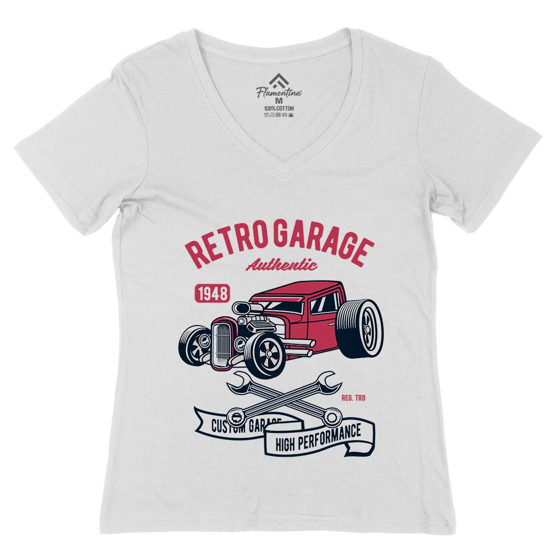 Retro Garage Hotrod Womens Organic V-Neck T-Shirt Cars D565