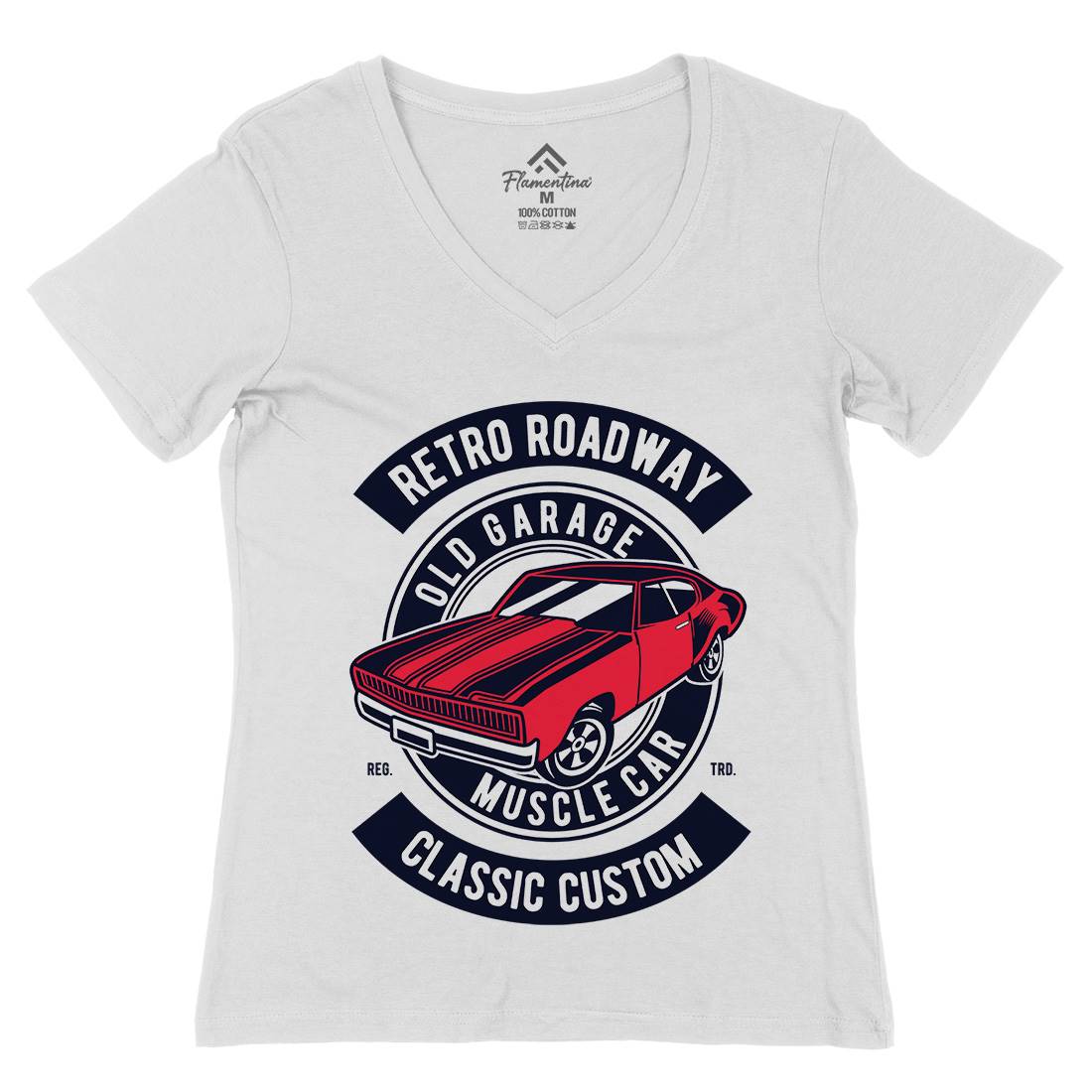 Retro Roadway Womens Organic V-Neck T-Shirt Cars D568