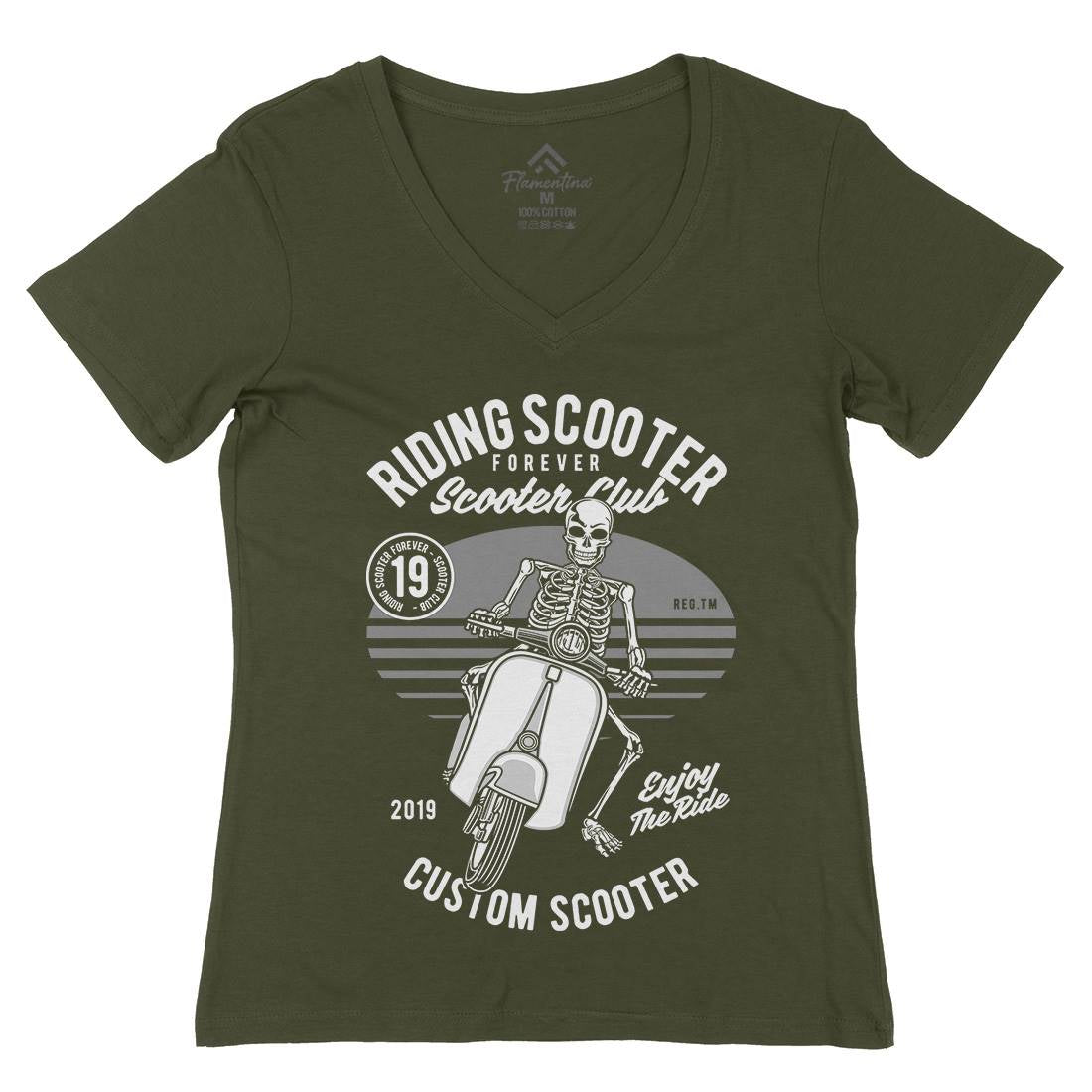 Riding Scooter Womens Organic V-Neck T-Shirt Motorcycles D570